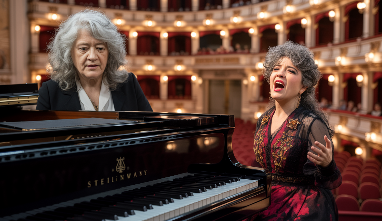 Portraits de Martha Argerich au piano et d'Ermonela Jaho en costume d'opéra sur scène en 2025