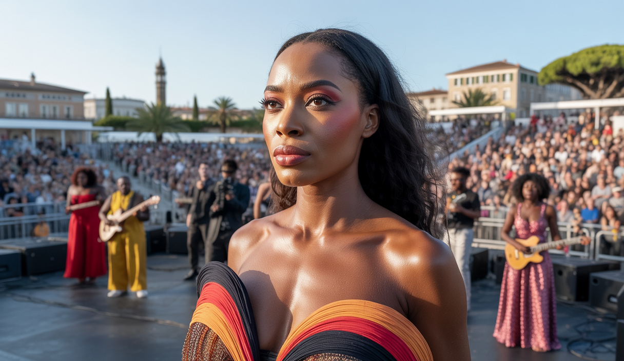 Queen Rima sur scène au Festival Nuits Métis 2025, entourée de ses musiciens, captivant un large public avec une énergie dancehall vibrante