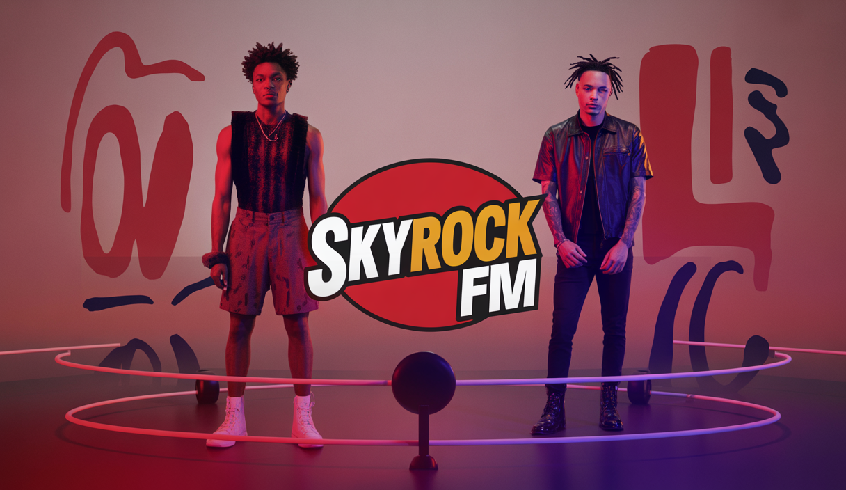 Logo de Skyrock FM avec portraits dynamiques et colorés des jeunes artistes Mufasa et 6iix sur scène musicale contemporaine