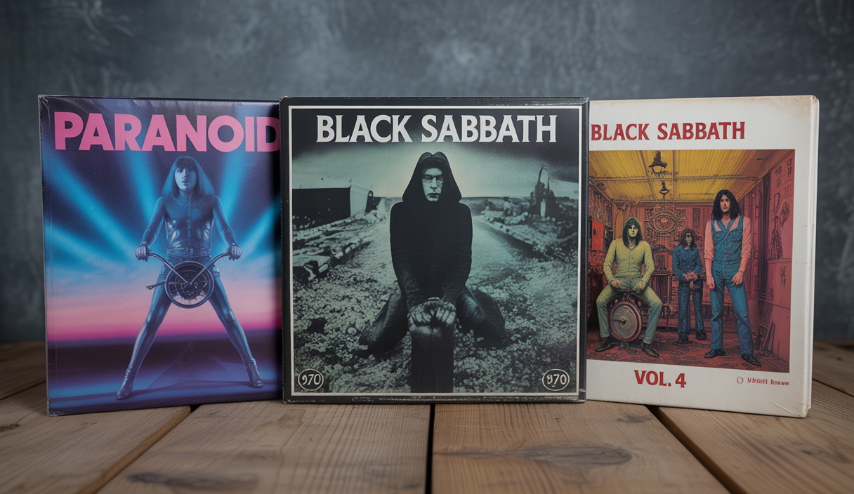 Couverture des trois albums incontournables de Black Sabbath recommandés par The Needle Drop : Paranoid, Black Sabbath, puis Vol. 4.