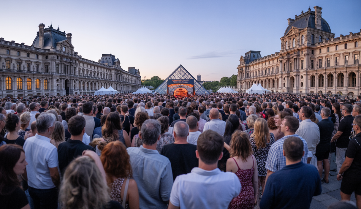 Scène extérieure animée d'un grand concert gratuit à la France Music Week 2025 dans les jardins du Carrousel du Louvre à Paris, avec une foule diverse, éclairage coloré et la silhouette emblématique du musée en arrière-plan au crépuscule
