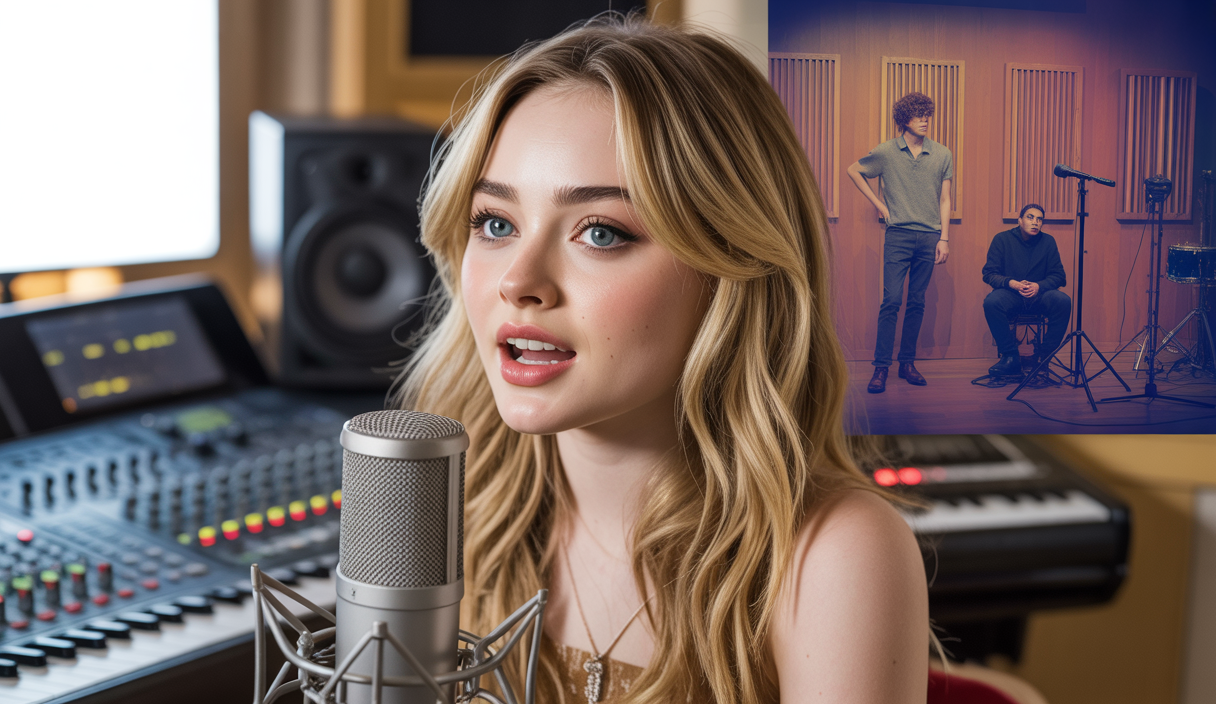Sabrina Carpenter en studio avec micro chantant Manchild, et Yungblud lors d’un concert vibrant promouvant son album Idols